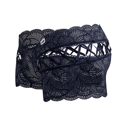 CandyMan 99916 lace trunks in dark navy with intricate floral lace patterns and scalloped edges for stylish comfort