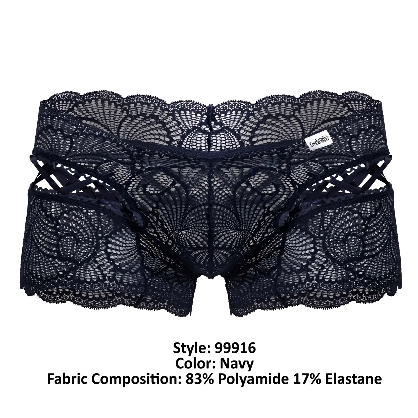 Navy lace briefs CandyMan 99916 featuring intricate fan-shaped patterns and scalloped edges