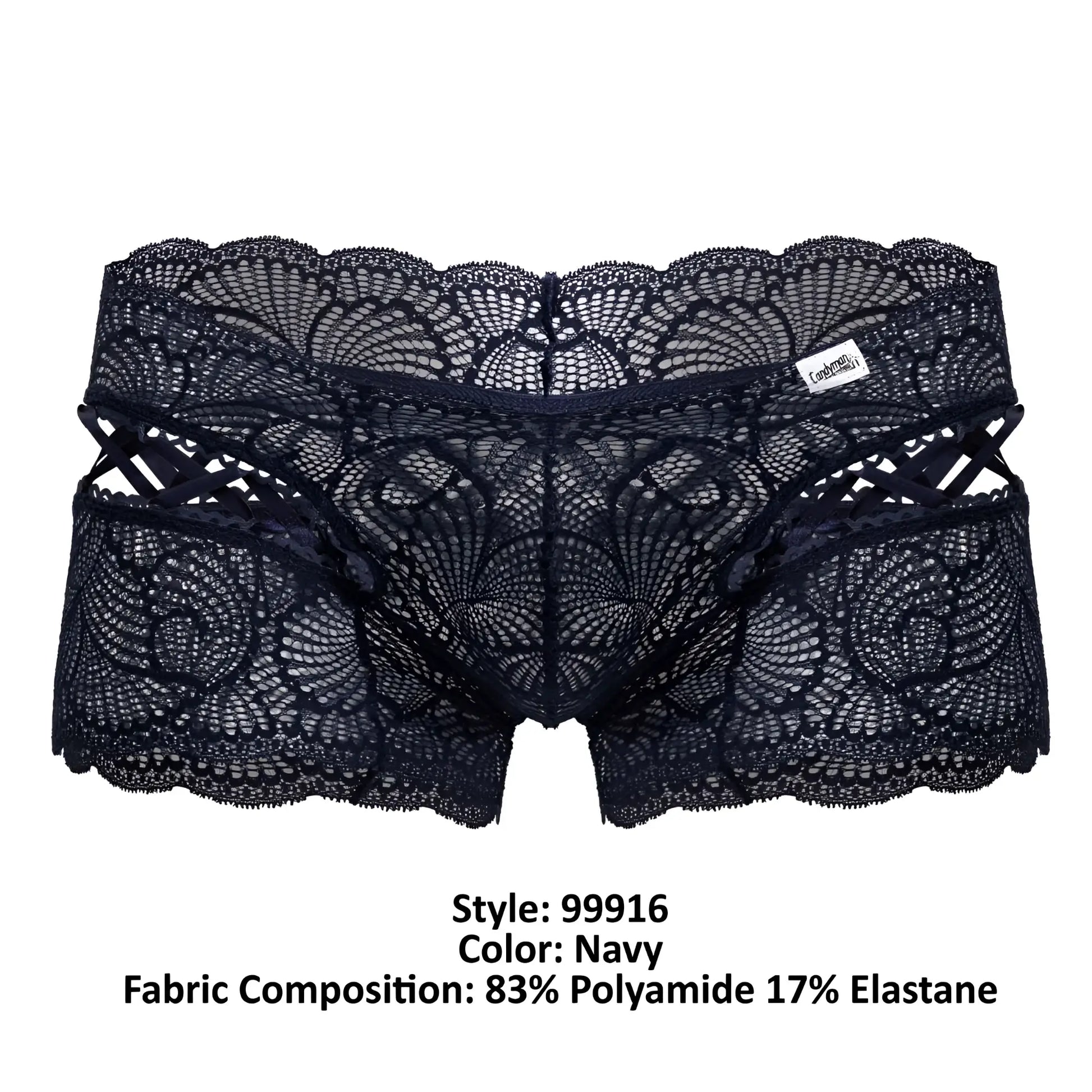 Navy lace briefs CandyMan 99916 featuring intricate fan-shaped patterns and scalloped edges