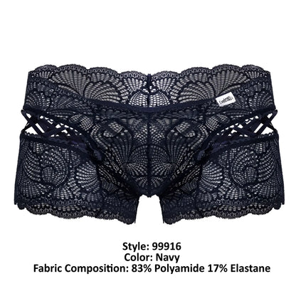 Navy lace briefs CandyMan 99916 featuring intricate fan-shaped patterns and scalloped edges