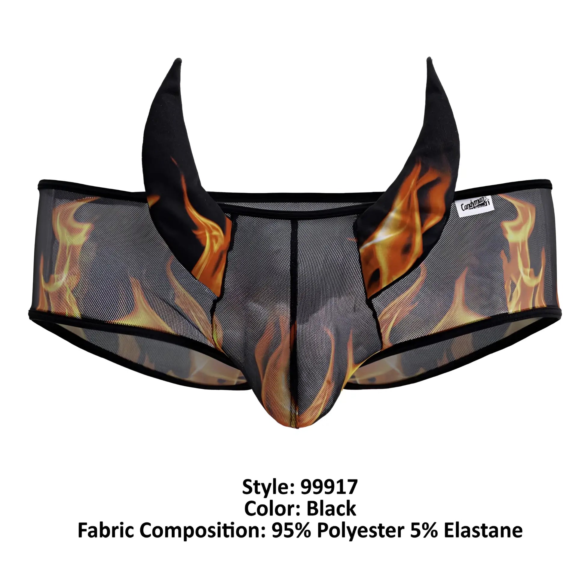 CandyMan 99917 wicked trunks black mesh briefs with bold flame design and devil horns made of polyester elastane