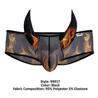 CandyMan 99917 wicked trunks black mesh briefs with bold flame design and devil horns made of polyester elastane