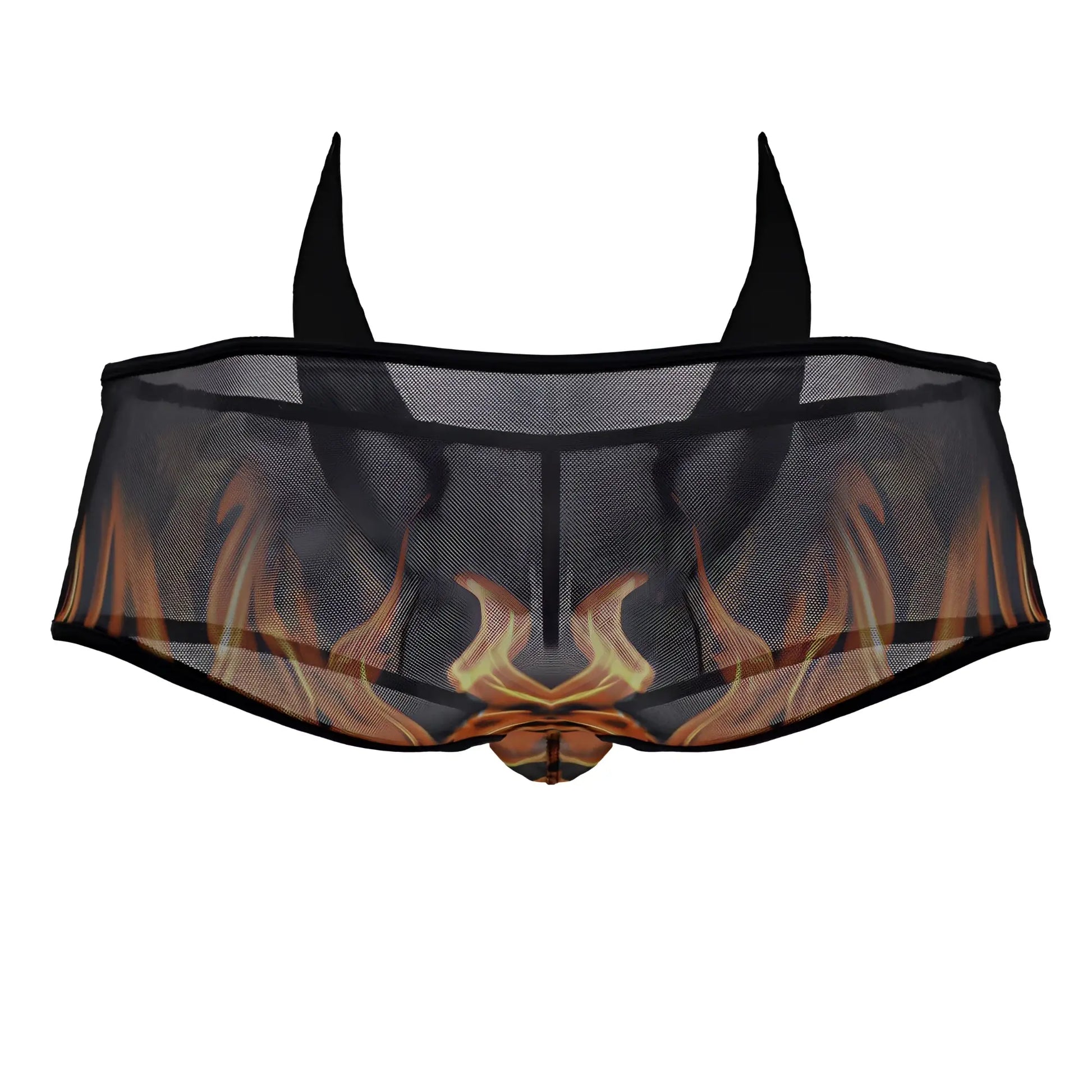 Black mesh CandyMan 99917 Wicked Trunks briefs with fiery orange and yellow flame design on front