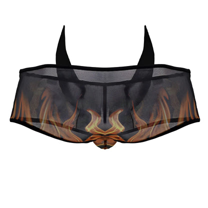 Black mesh CandyMan 99917 Wicked Trunks briefs with fiery orange and yellow flame design on front