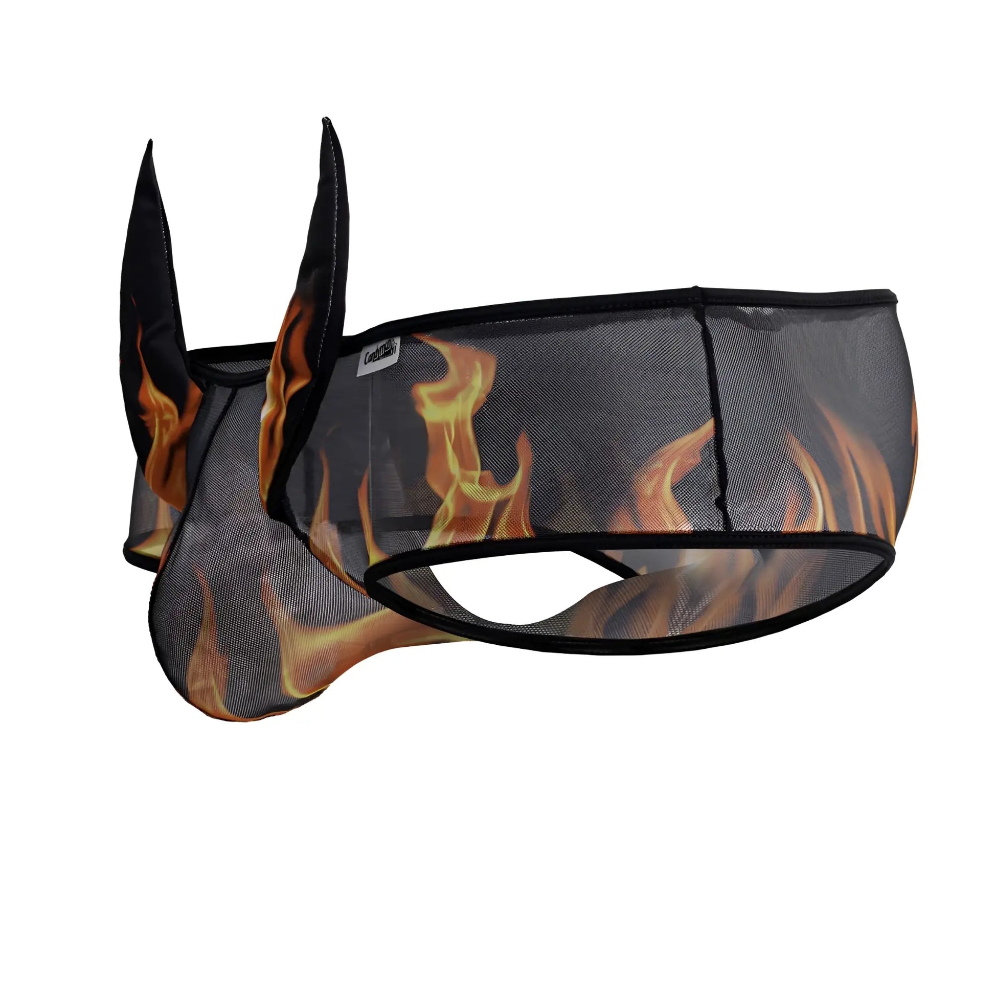 Black mesh horse fly mask with flame design and pointed ear flaps by candyman 99917 wicked trunks color black