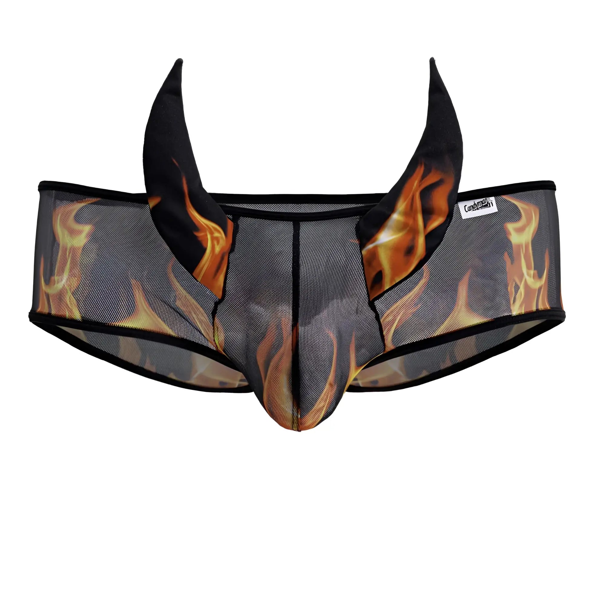Black mesh men’s underwear candyMan 99917 wicked trunks with fiery flame design and devil horn waistband in black