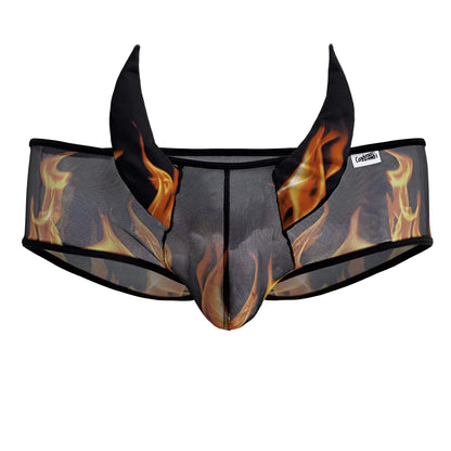 Black mesh men’s underwear candyMan 99917 wicked trunks with fiery flame design and devil horn waistband in black