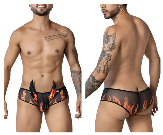 Black mesh briefs candyMan 99917 wicked trunks with orange and red flame design in color black
