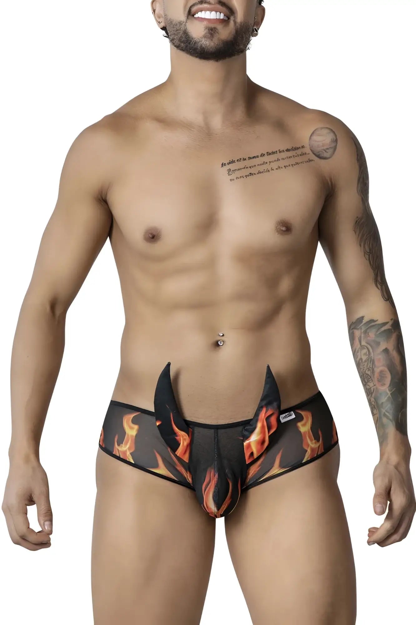 Black and orange flame patterned CandyMan 99917 wicked trunks men’s briefs with distinctive cutout design
