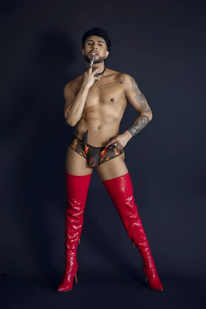 Shiny red thigh-high boots from candyman 99917 wicked trunks in black material for bold fashion looks