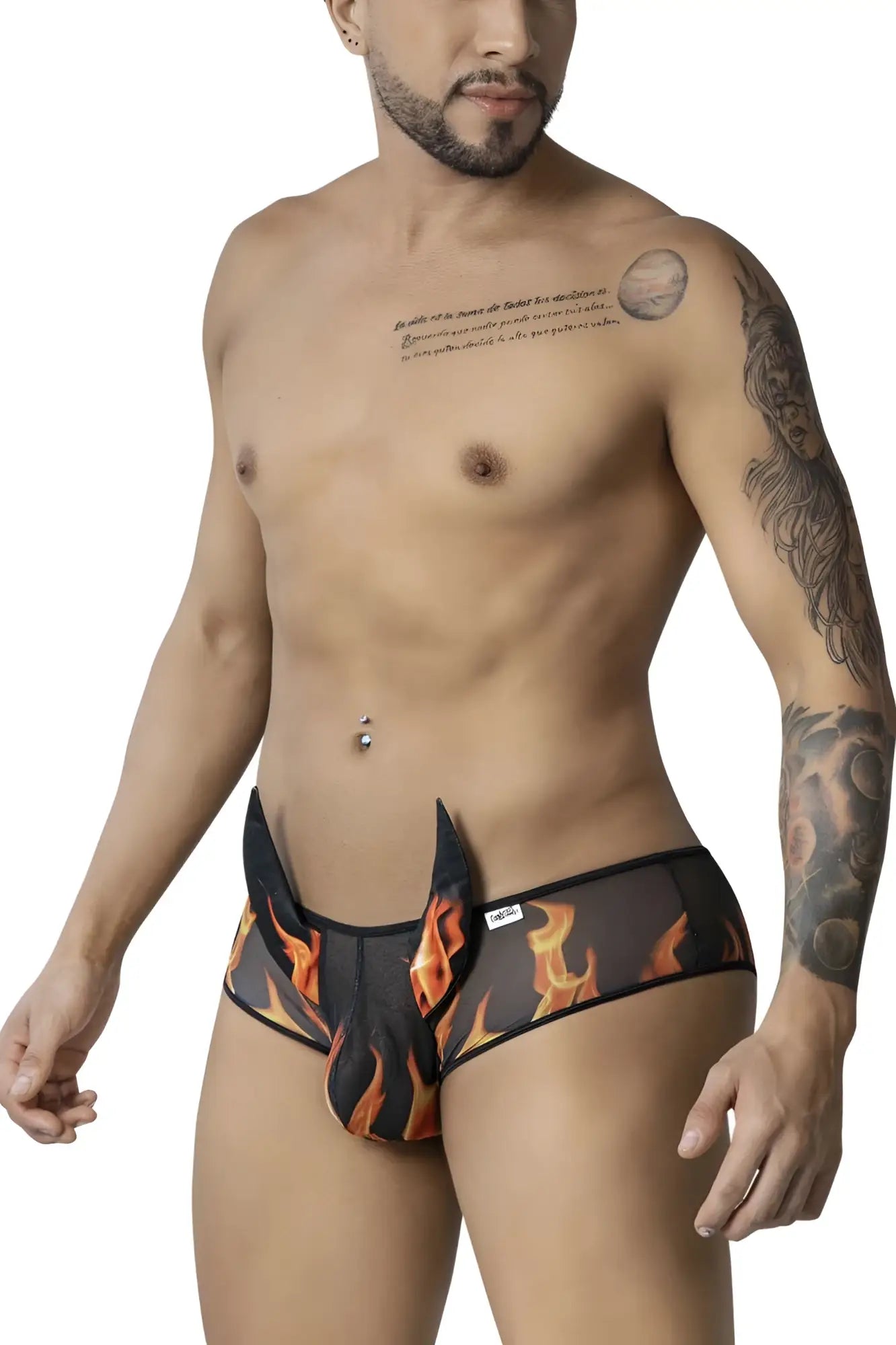 Black briefs candy man 99917 wicked trunks with vibrant orange and yellow flame design on black fabric