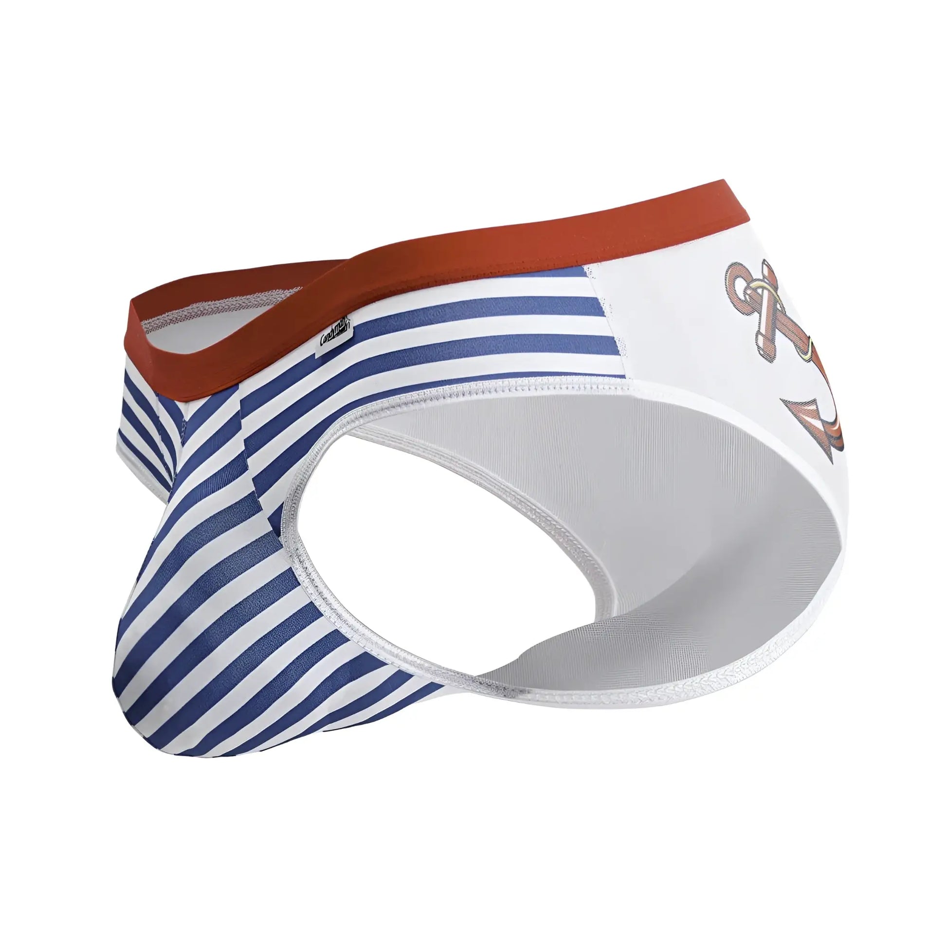 CandyMan 99918 sailor briefs in blue white stripes with rust waistband and anchor graphic on the side