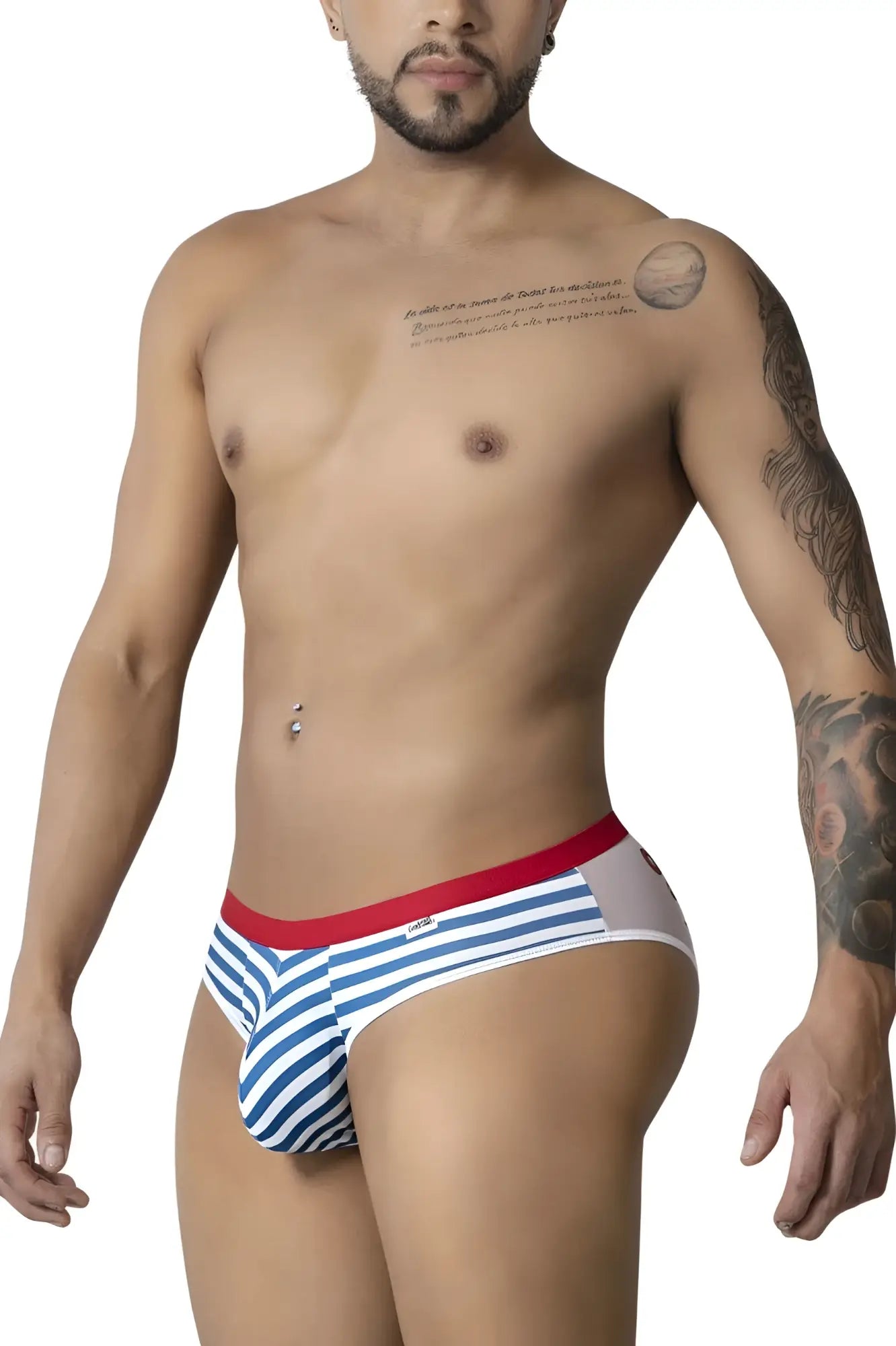 CandyMan 99918 sailor briefs are blue and white striped men’s underwear with a red waistband