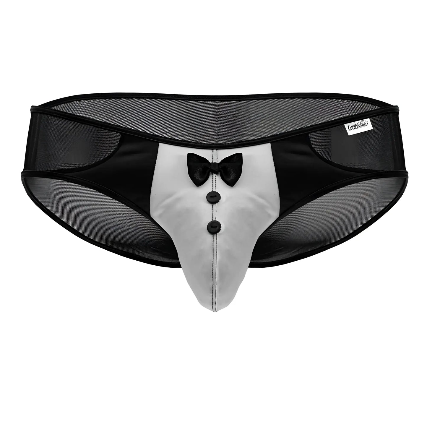 Candyman 99919 tuxedo briefs in black and silver with bow tie detail and three black buttons for men