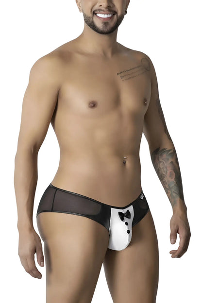 CandyMan 99919 tuxedo briefs in black and white feature a bow tie design on the front for stylish men’s underwear