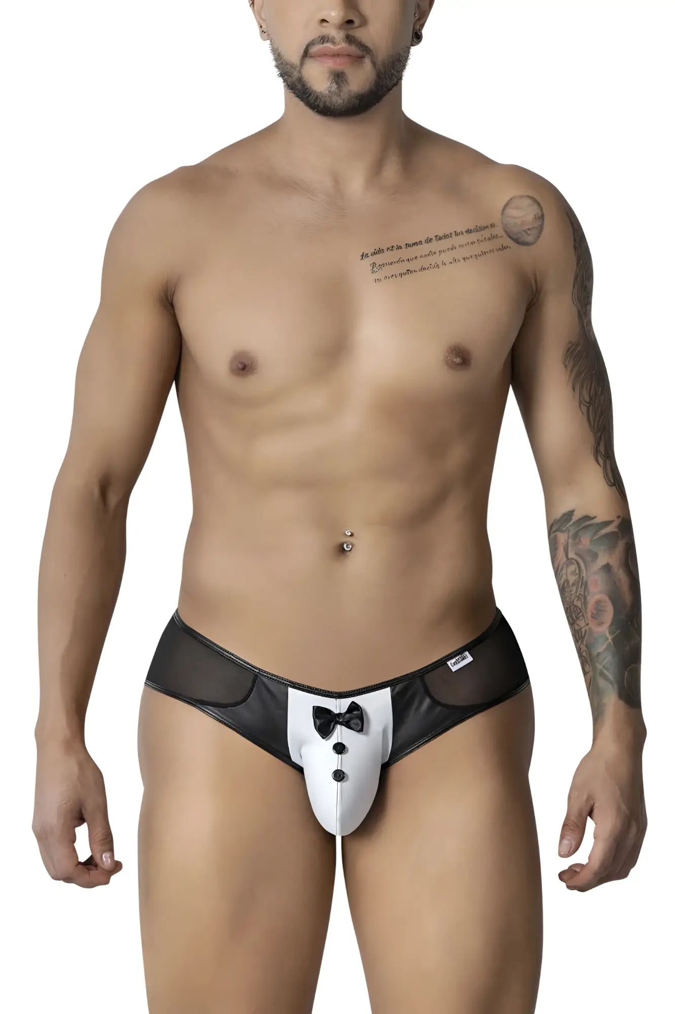 Candyman 99919 tuxedo briefs in black and white featuring a bow tie design on men’s cotton blend underwear