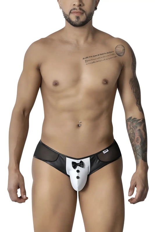 Candyman 99919 tuxedo briefs in black and white featuring a bow tie design on men’s cotton blend underwear