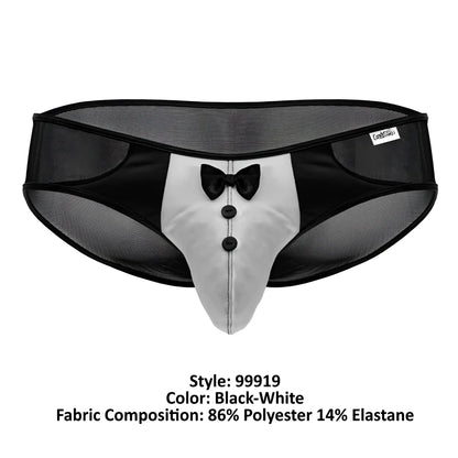 CandyMan 99919 tuxedo briefs in black and white with mesh waistband faux bow tie and button details