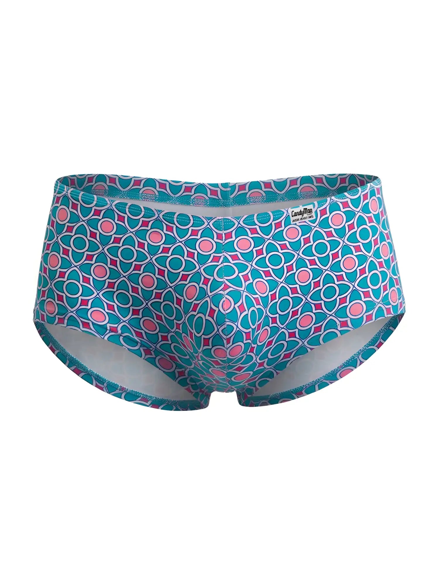 CandyMan 99922 trunks color printed blue womens briefs with teal and pink geometric pattern and white trim