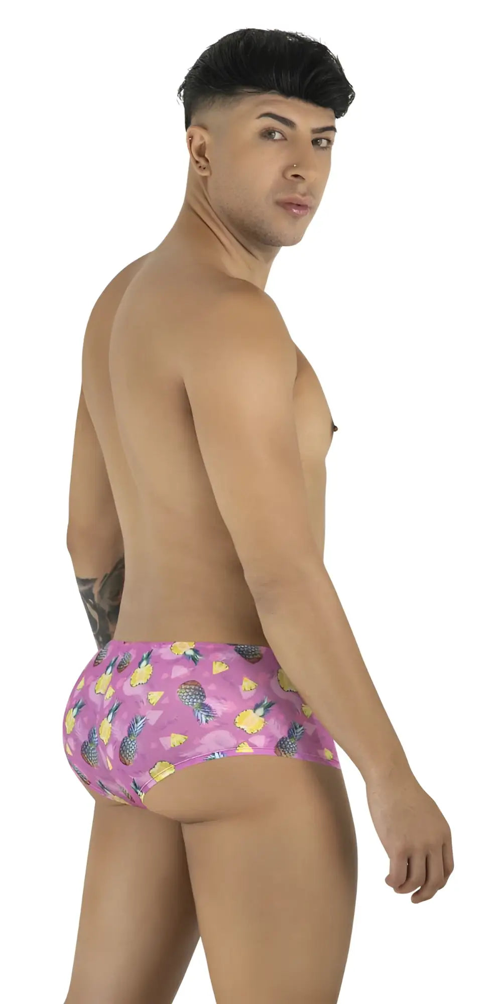 Pink CandyMan 99922 printed trunks featuring a pineapple pattern on soft men’s brief fabric