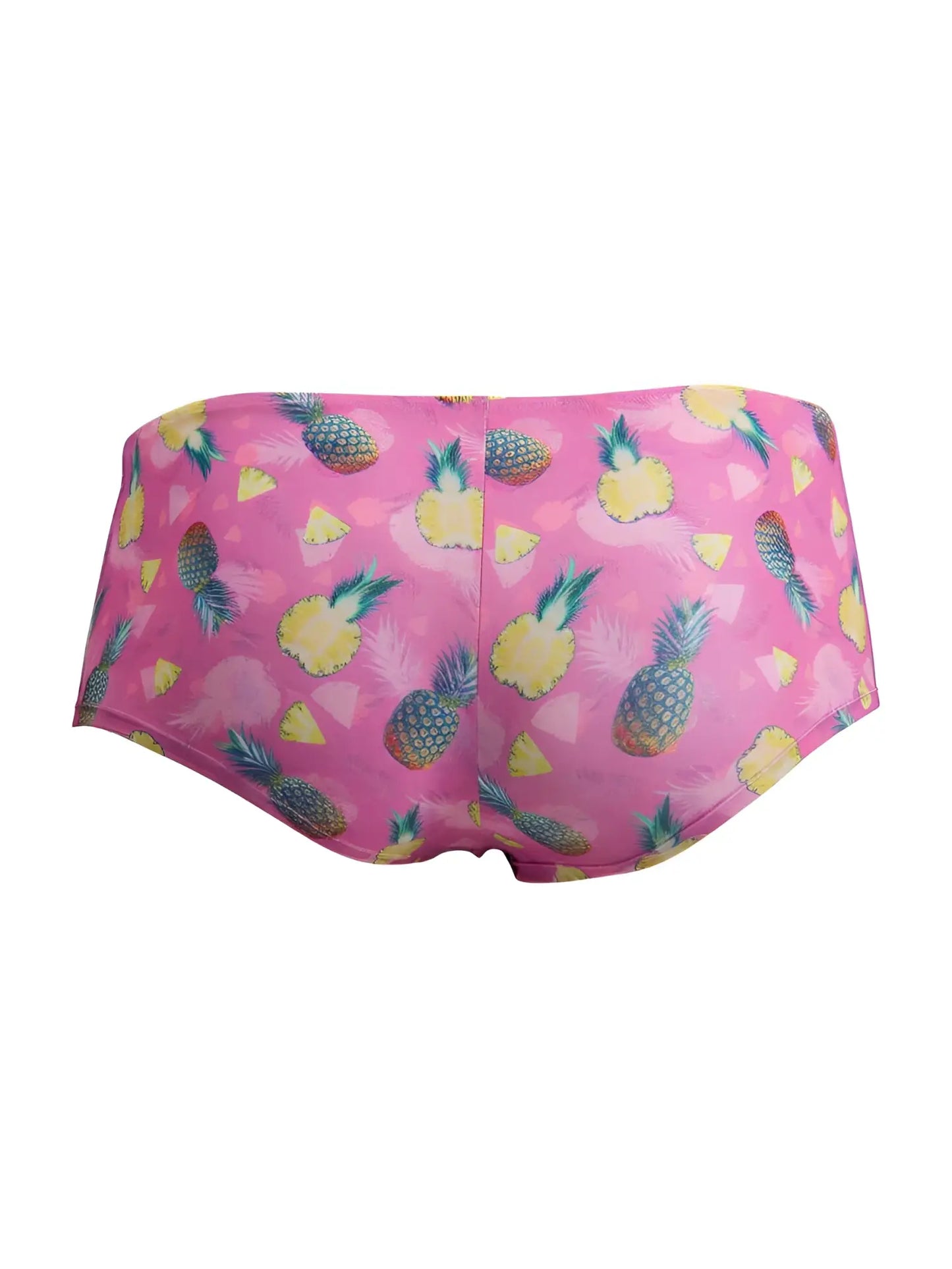 CandyMan 99922 pink swim trunks featuring a vibrant yellow pineapple pattern with green tops on bright pink fabric