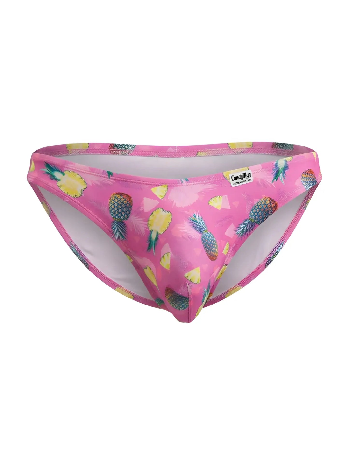 Pink pineapple patterned men’s bikini briefs with white interior and Candyman brand tag.