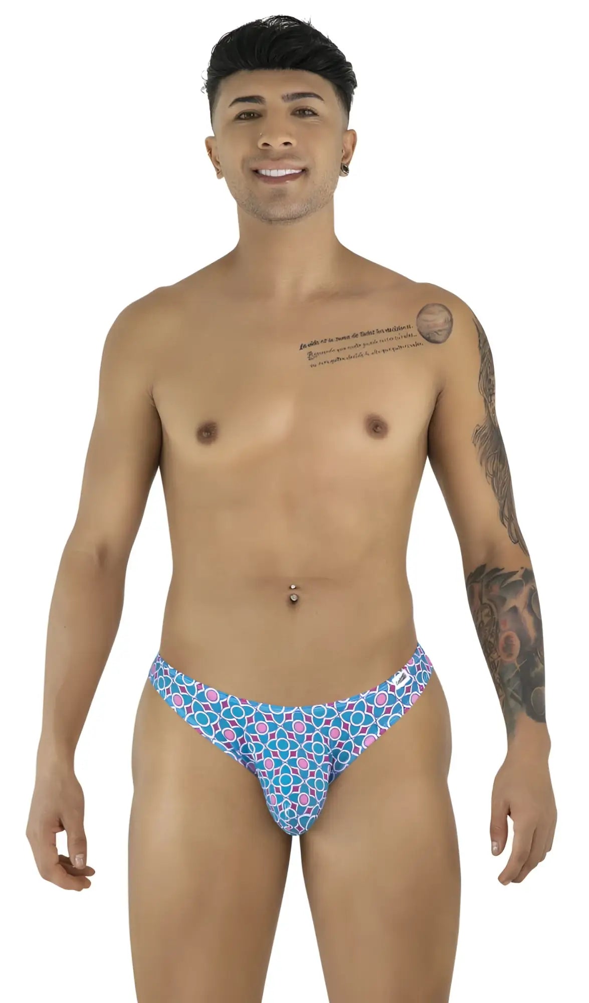 CandyMan 99923 briefs in blue with pink geometric print swim trunks designed for comfortable swimming
