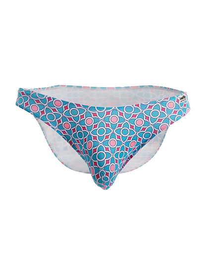 CandyMan 99923 briefs with blue and pink geometric print swim trunks featuring a white inner lining