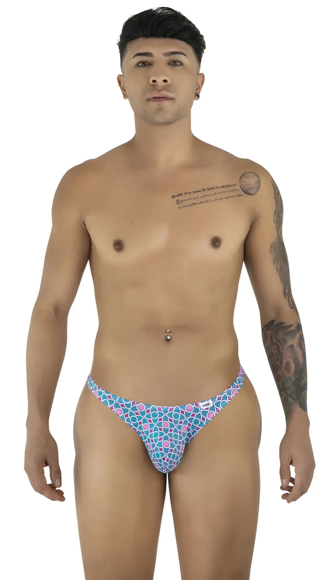 Bluem and pink geometric-patterned thong with a small white candyman brand tag on the side