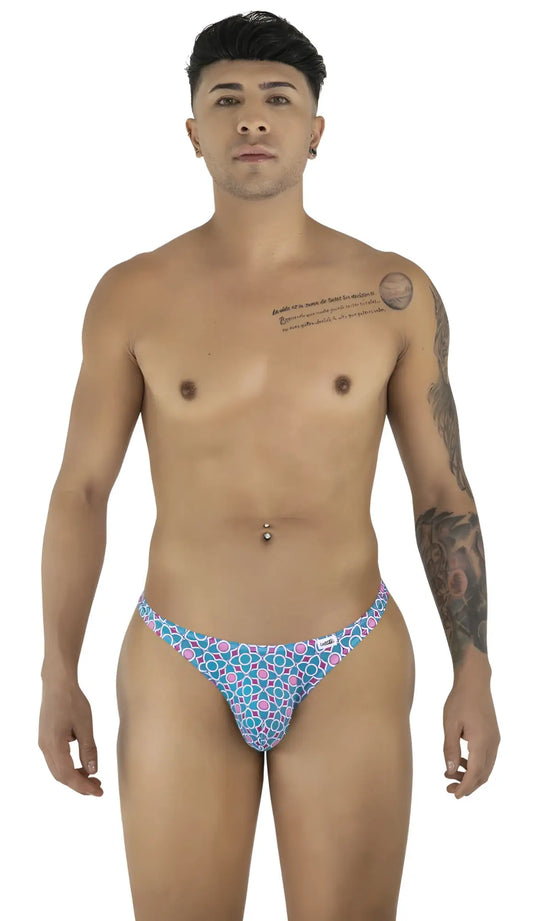 Bluem and pink geometric-patterned thong with a small white candyman brand tag on the side