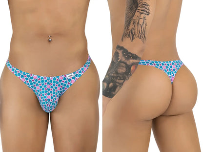 CandyMan 99924 thong with blue and pink geometric print and a small white brand tag in front side view