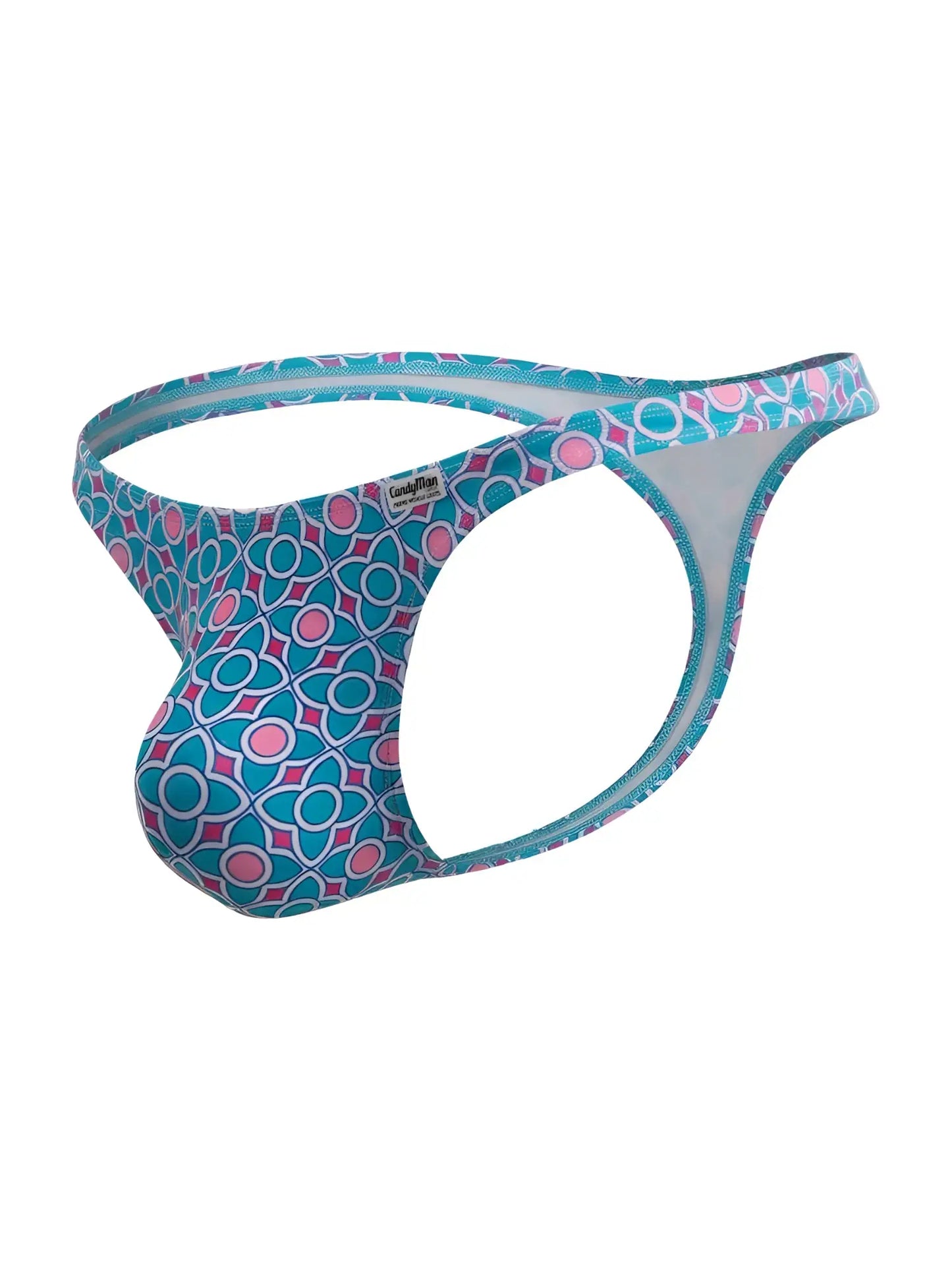 Candyman 99924 thong in turquoise and pink geometric print with white inner lining for men