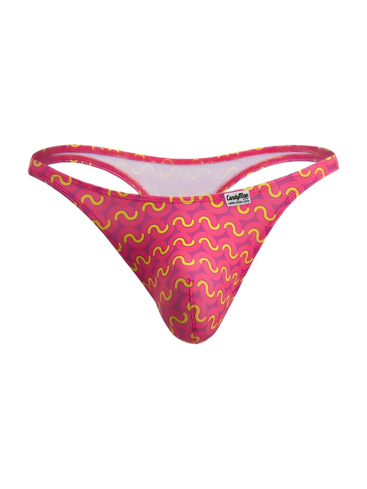 A vibrant fuchsia CandyMan 99924 thong with bold yellow wavy pattern featuring the brand label