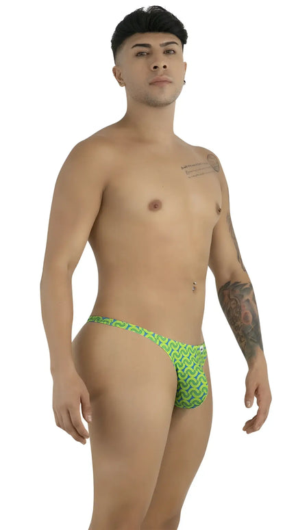 Bright green candy man 99924 thong featuring bold zigzag pattern in printed fabric front view
