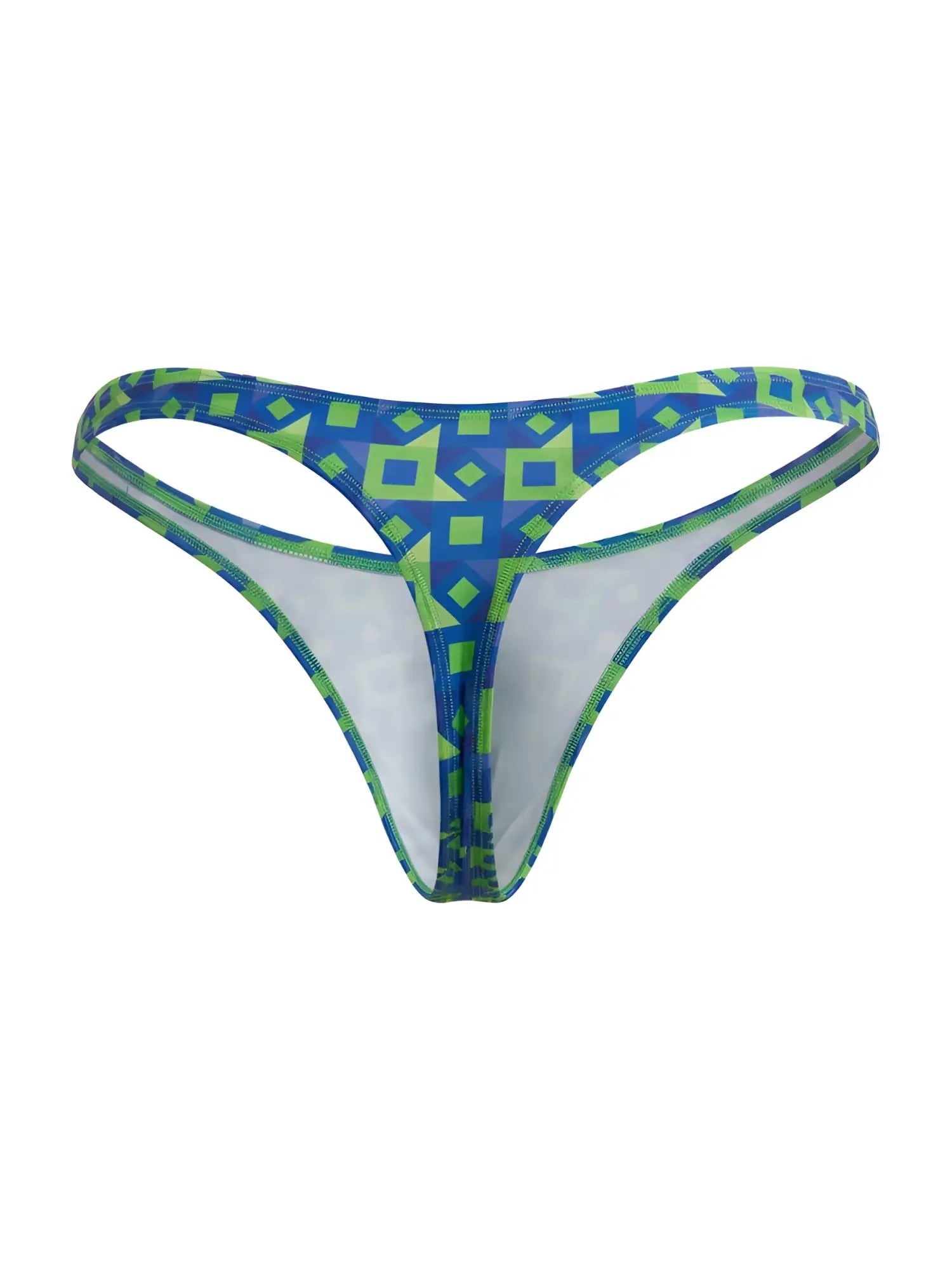 Candyman 99924 thong in blue and lime green geometric pattern with white interior lining for comfortable wear
