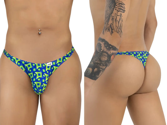 CandyMan 99924 thong with blue and neon green geometric print and a small white brand tag on navy fabric
