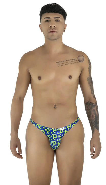 Men’s thong candyMan 99924 in blue and neon green with bold geometric print for comfortable stylish wear