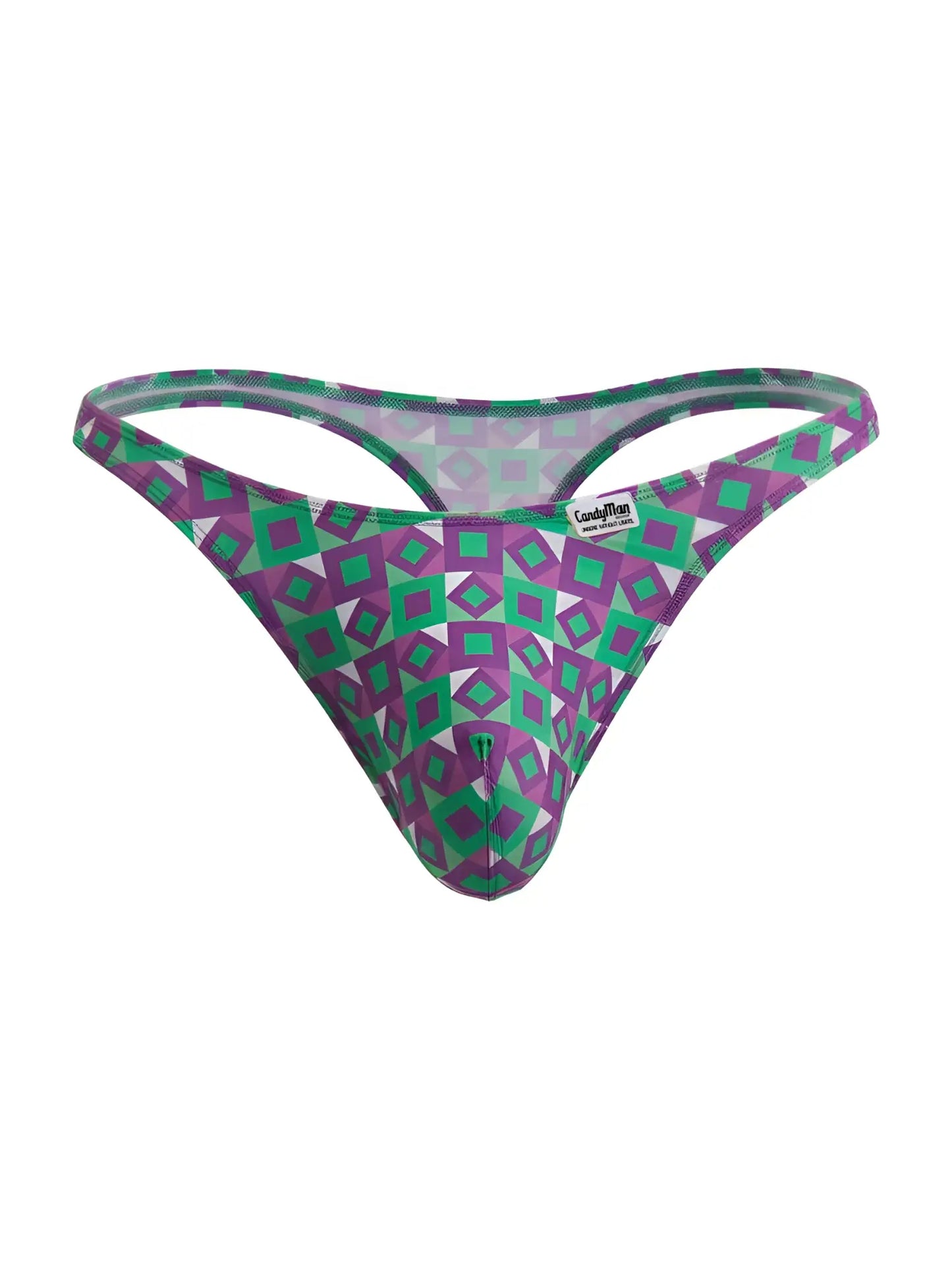 Purple and green geometric patterned candyman 99924 thong showing the back side for comfortable daily wear