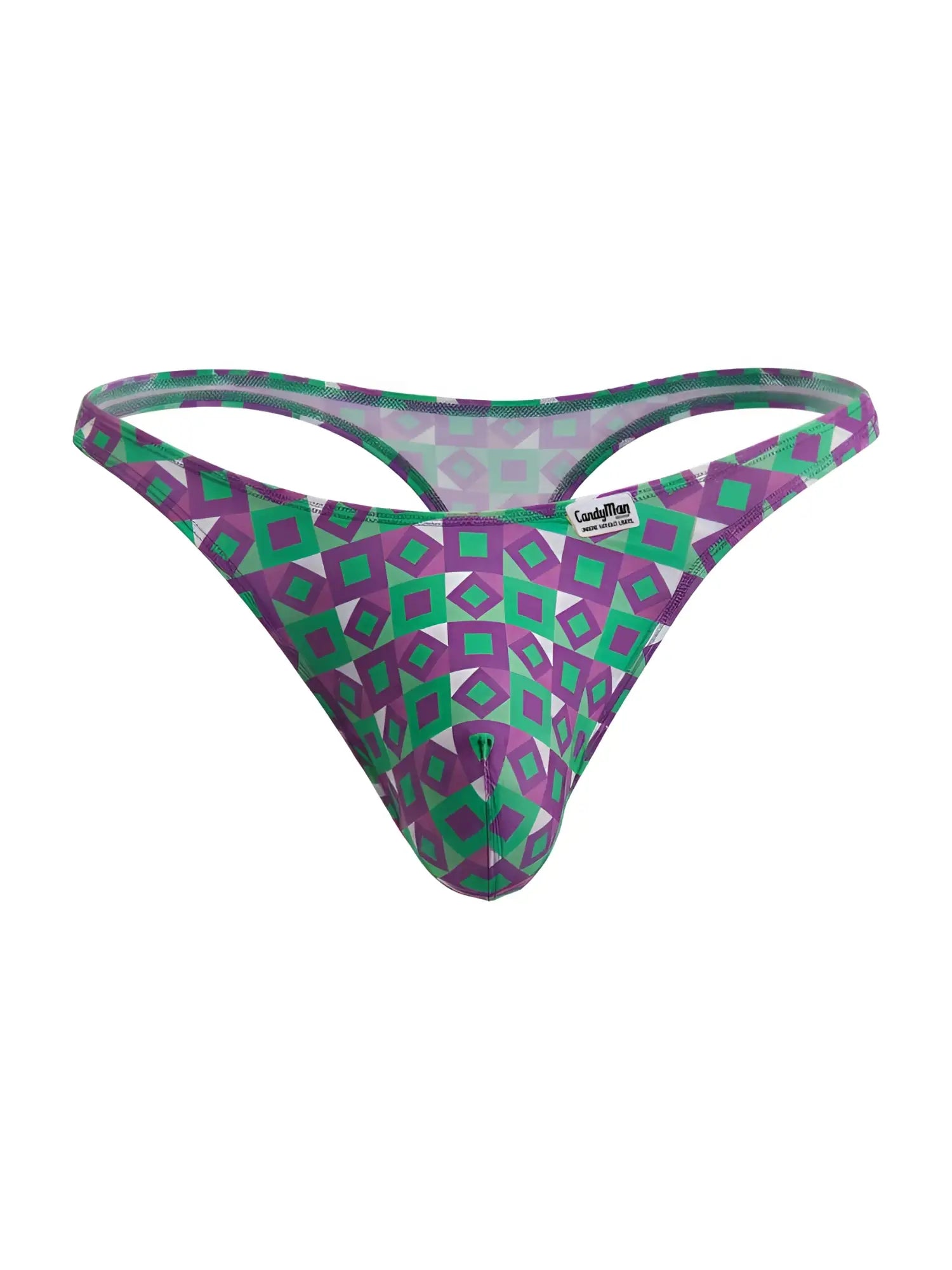 Purple and green geometric patterned candyman 99924 thong showing the back side for comfortable daily wear