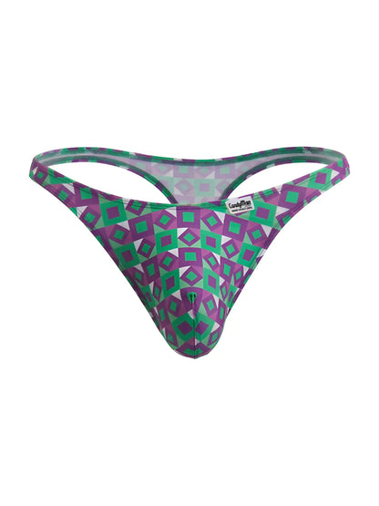 Purple and green geometric patterned candyman 99924 thong showing the back side for comfortable daily wear