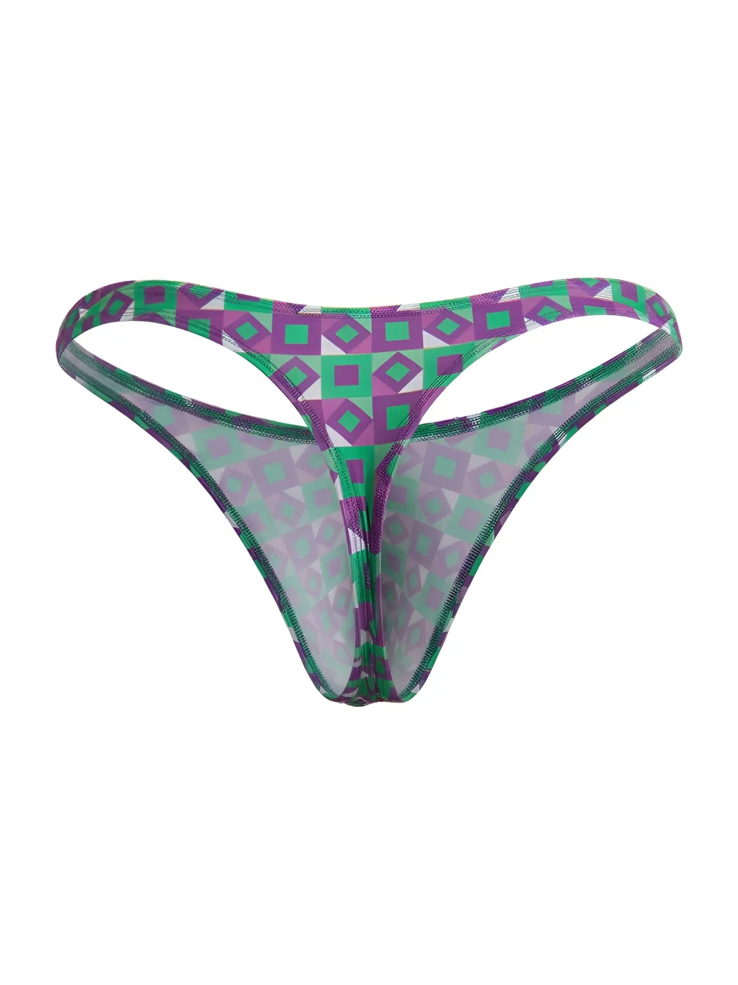 Purple and green geometric-patterned sheer thong with mesh fabric candyMan 99924 thongs color printed purple front view