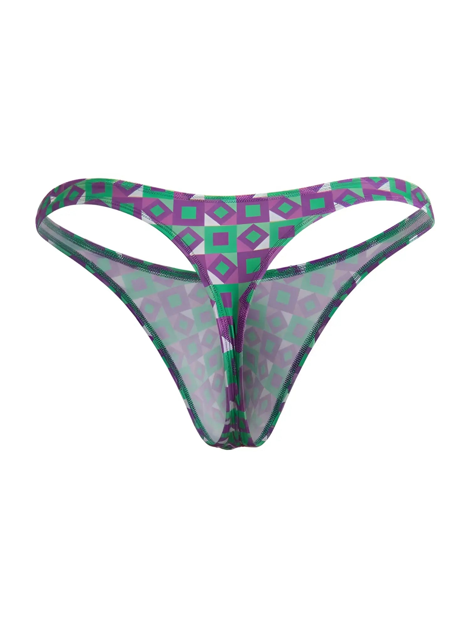 Purple and green geometric-patterned sheer thong with mesh fabric candyMan 99924 thongs color printed purple front view