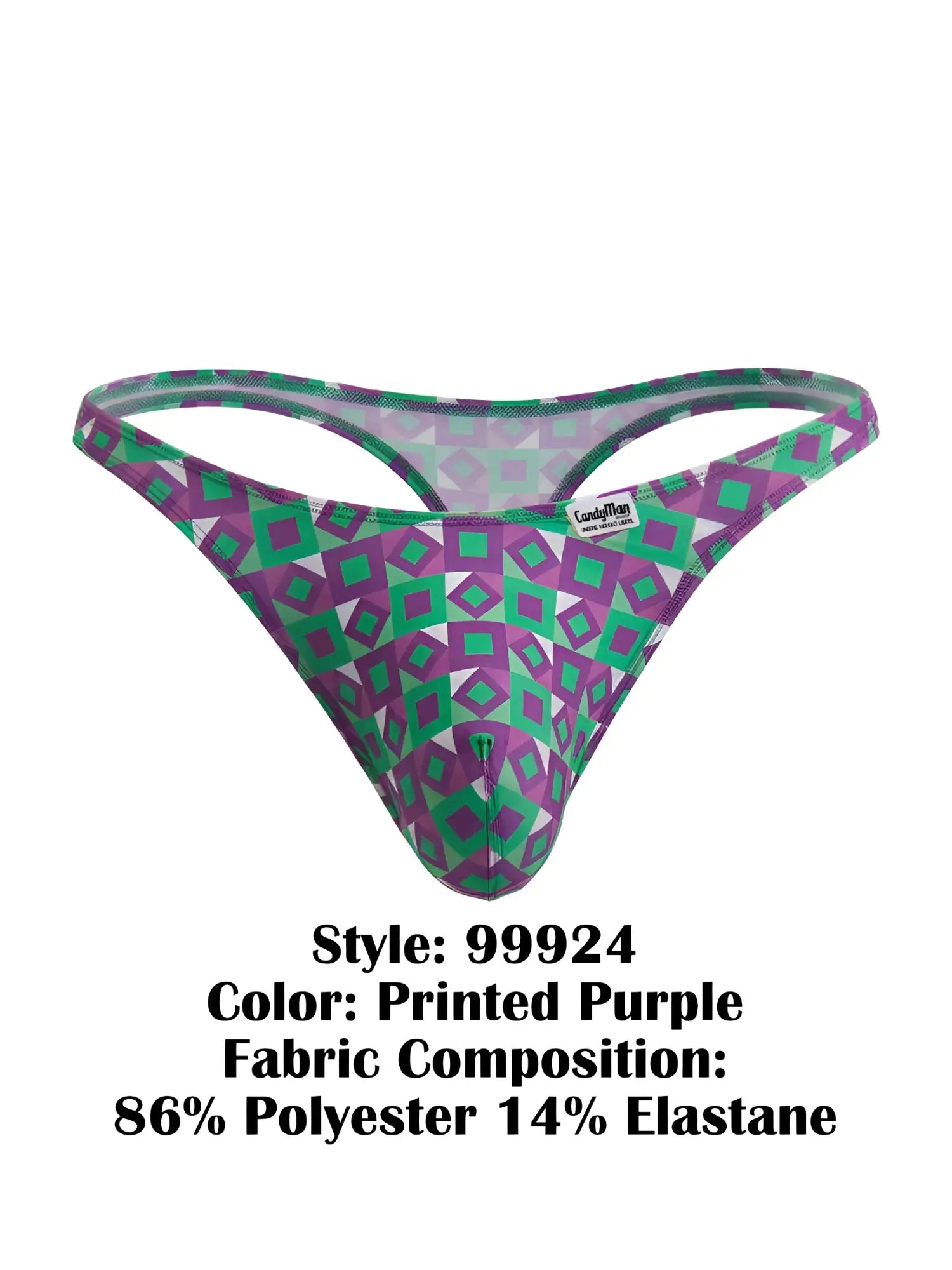 Purple and green geometric patterned thong from CandyMan made of 86 polyester and 14 elastane for comfortable wear