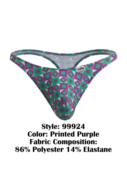 Purple and green geometric patterned thong from CandyMan made of 86 polyester and 14 elastane for comfortable wear