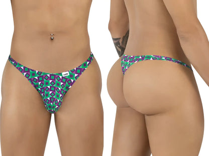 Vibrant green and purple geometric patterned thong with white brand tag from candyman 99924 color printed purple collection