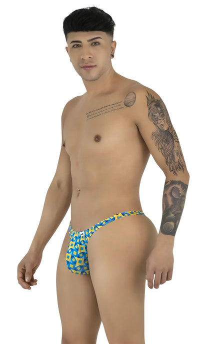 Candyman 99924 turquoise thongs with blue and yellow geometric patterned fabric for men