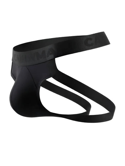 Black candyMan 99925 jockstrap briefs with contoured design and embossed carnma elastic waistband