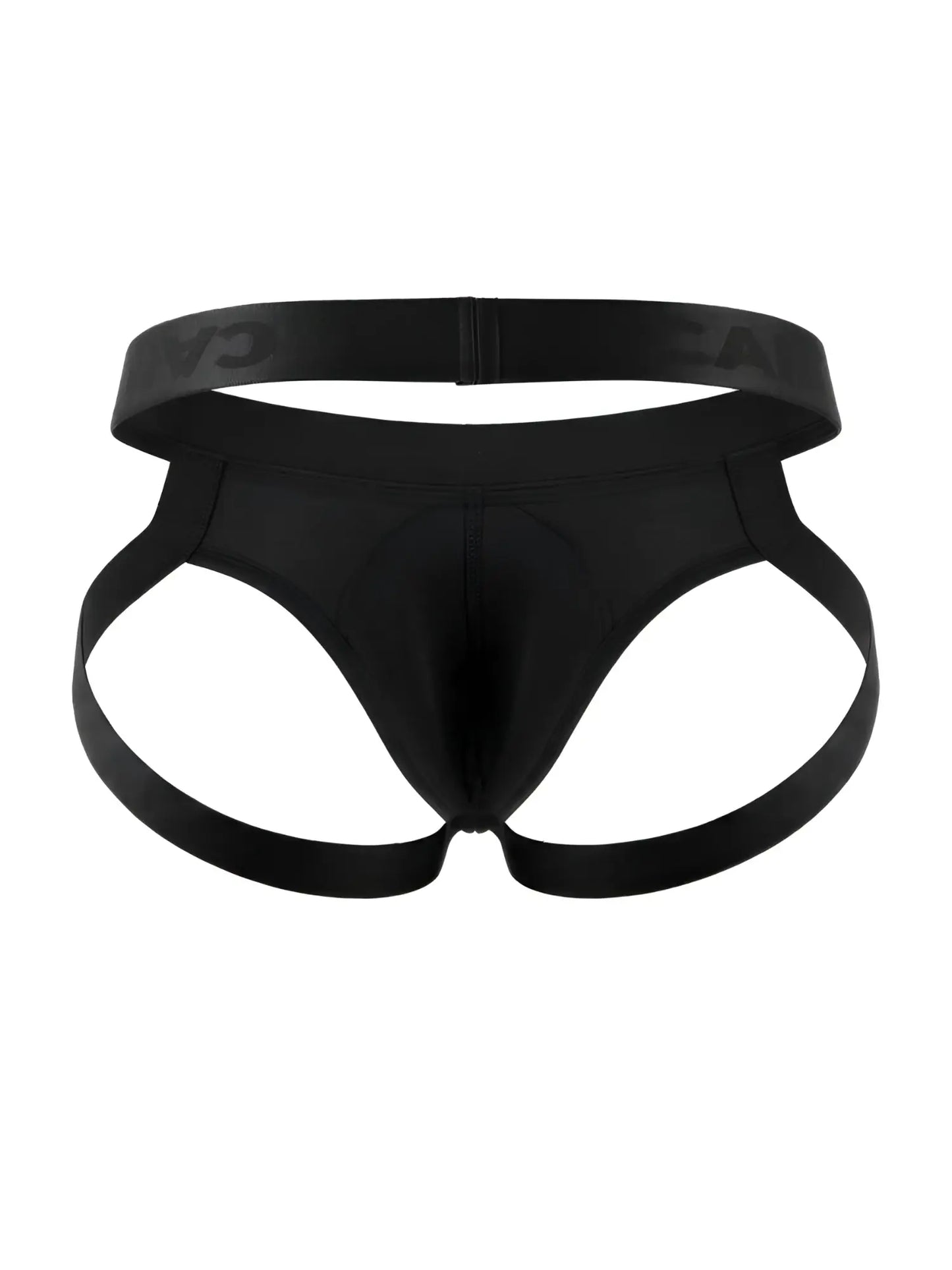 Black satin-like CandyMan 99925 jockstrap briefs with wide elastic waistband and supportive side straps in black