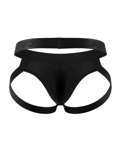 Black satin-like CandyMan 99925 jockstrap briefs with wide elastic waistband and supportive side straps in black