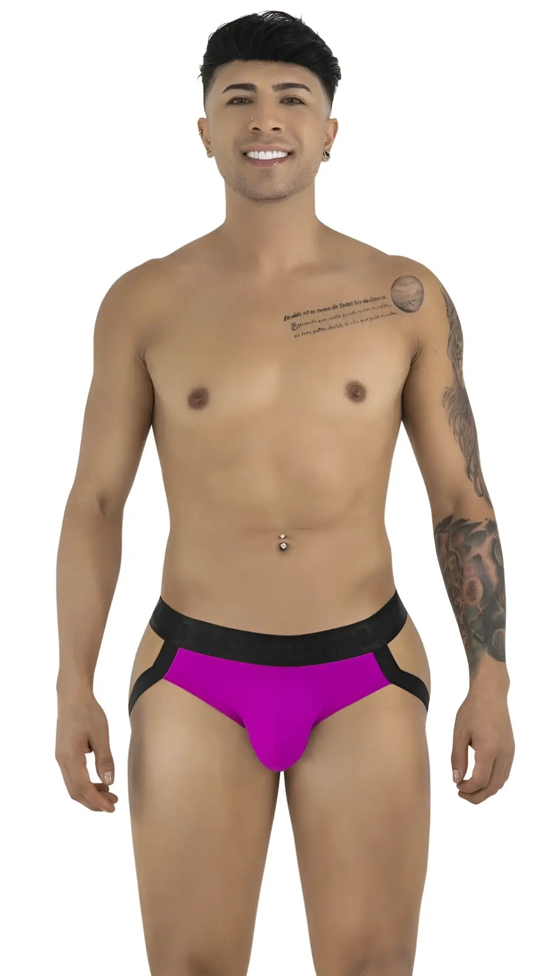 Vibrant magenta candyMan 99925 jockstrap briefs with bold black waistband and side straps for comfortable support